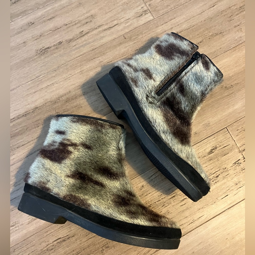 Faux Cow Fur Ankle Booties in Multi-Tone Brown